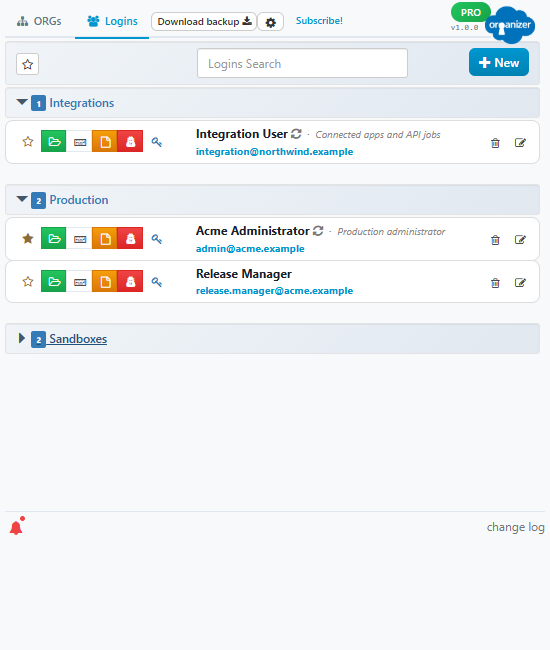 Saved logins, grouped and searchable
