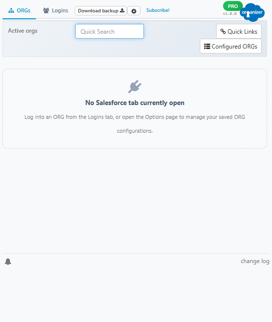The ORGanizer popup on a fresh install, with no ORG configured yet