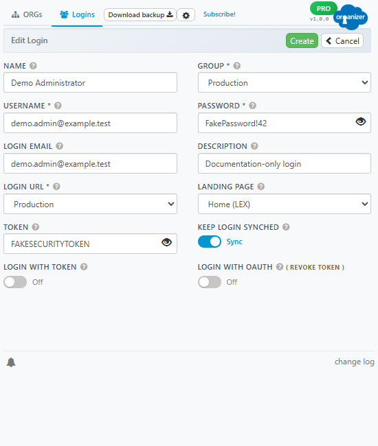 The login creation panel, with all of its fields