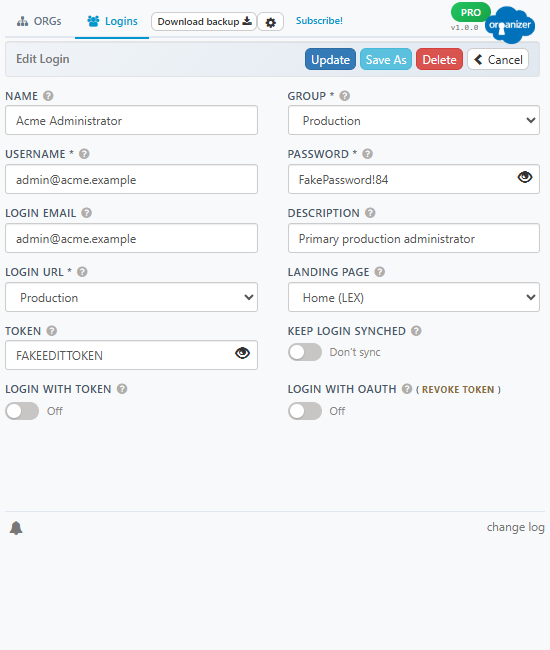 An existing login open in the editor, where the Delete button lives
