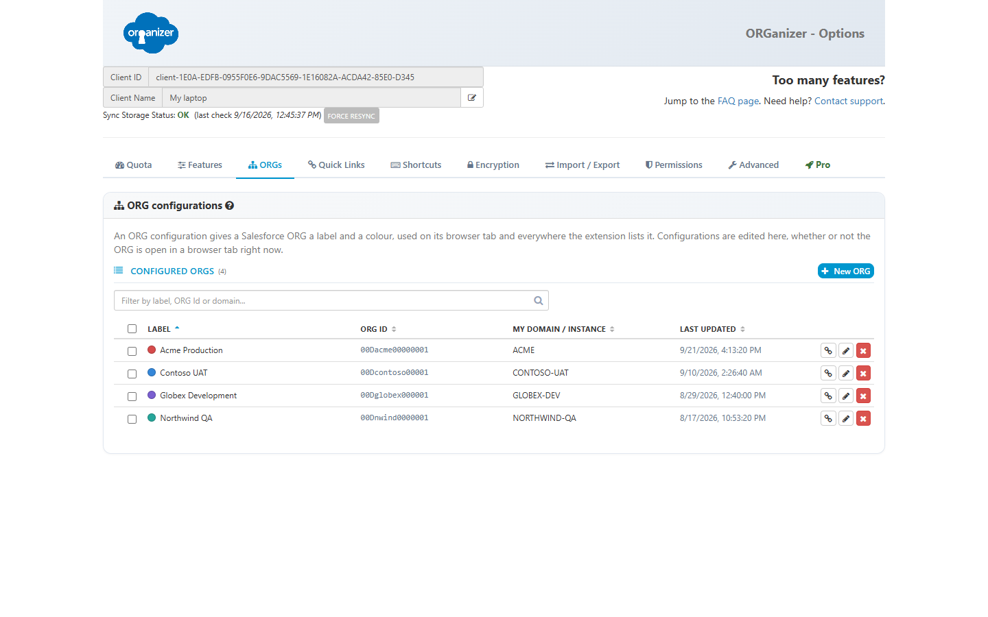 The ORGs tab of the Options page: the full list of ORG configurations with its filter box and per-row checkboxes