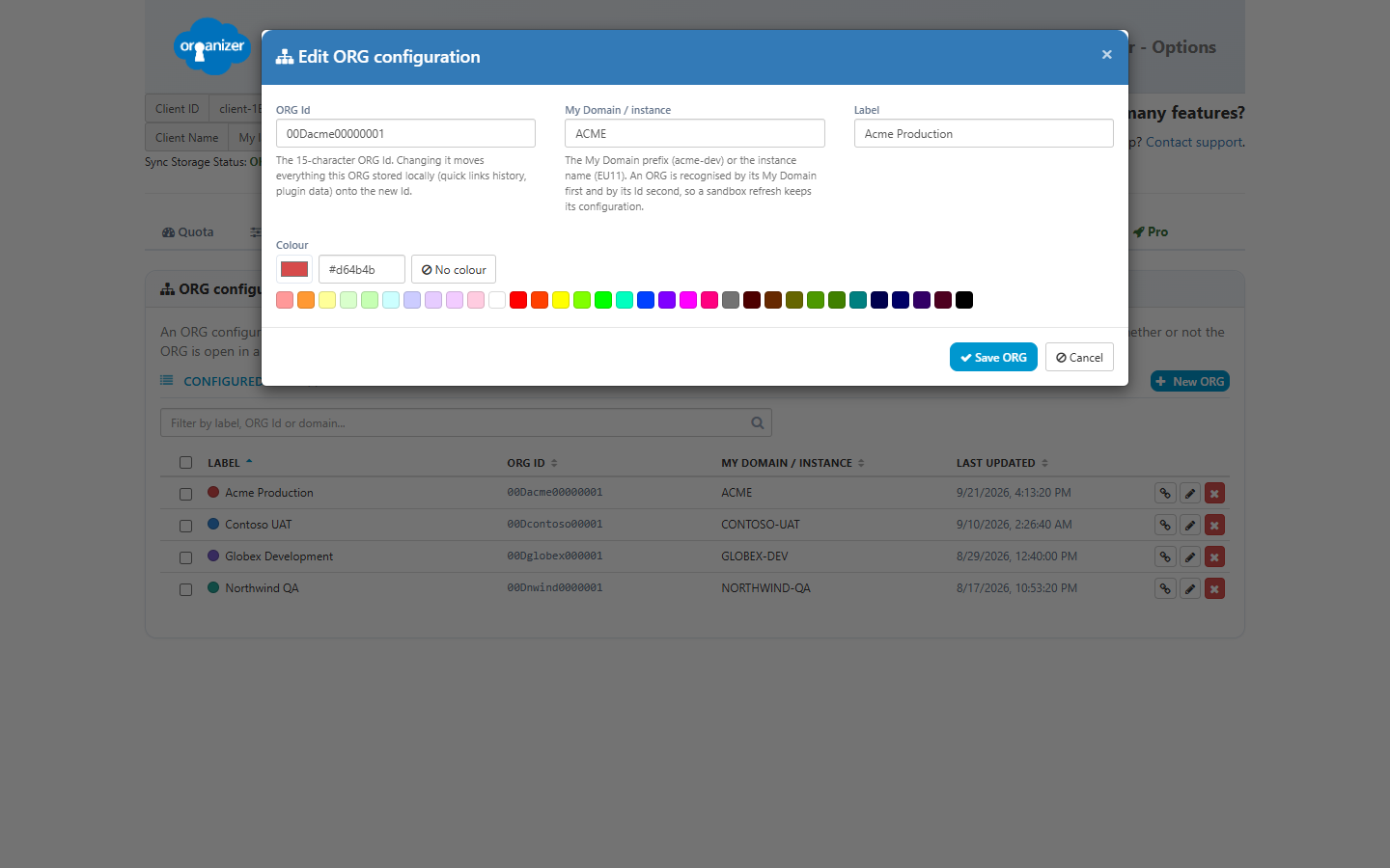 The ORG editor modal, with the ORG Id, My Domain, label and colour fields
