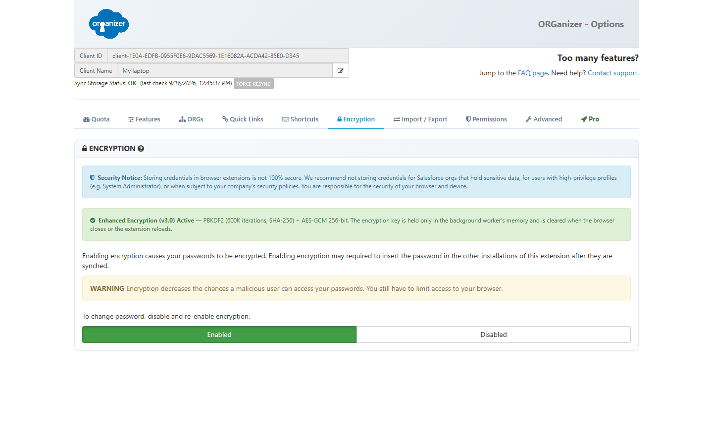 The Encryption panel of the Options page with encryption active