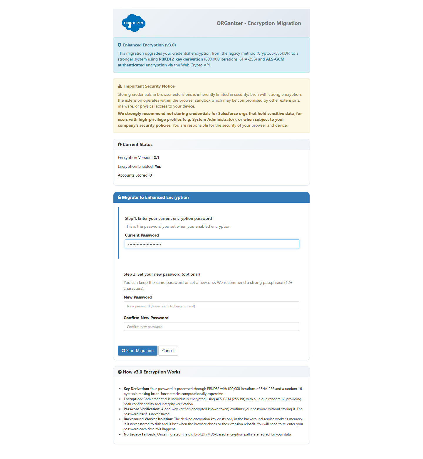 The guided migration page, re-encrypting stored credentials with the new scheme