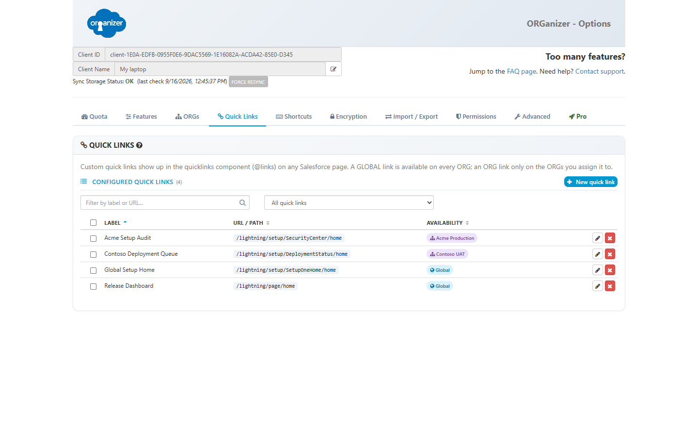 The Quick Links tab of the Options page, listing global and ORG-scoped links with their badges