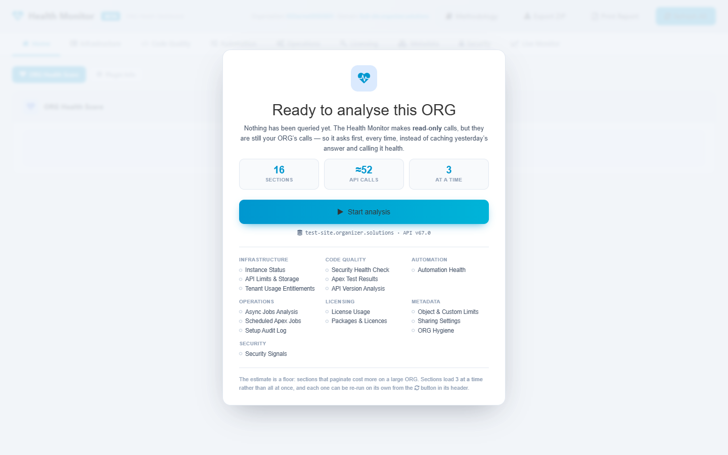 The Health Monitor start overlay, stating how many sections it will run and what they cost in API calls