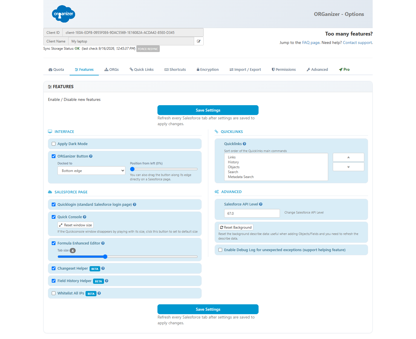 The Features tab of the Options page, grouped into Interface, Salesforce page and Developer