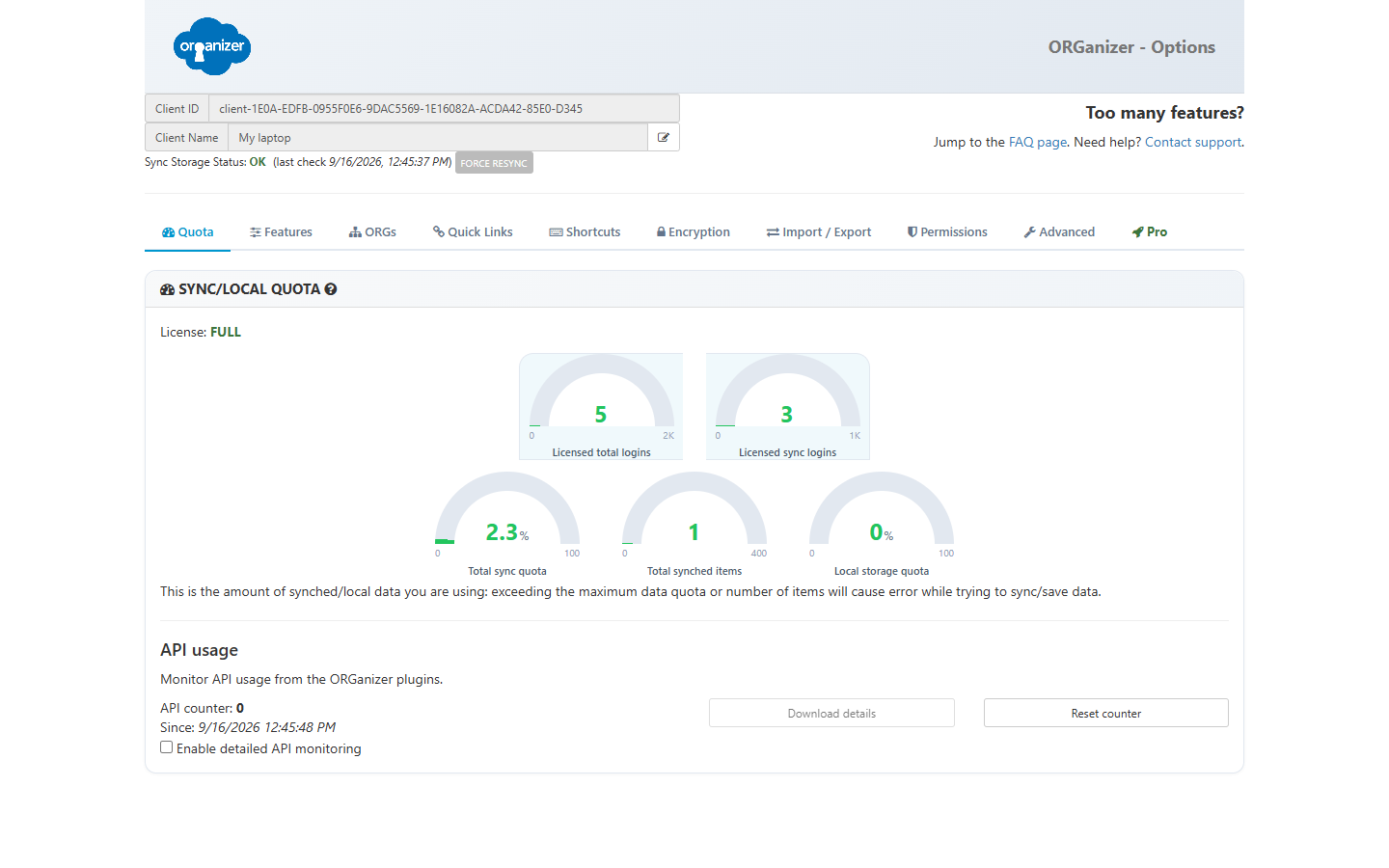 The Options page dashboard, with the sync and local quota gauges