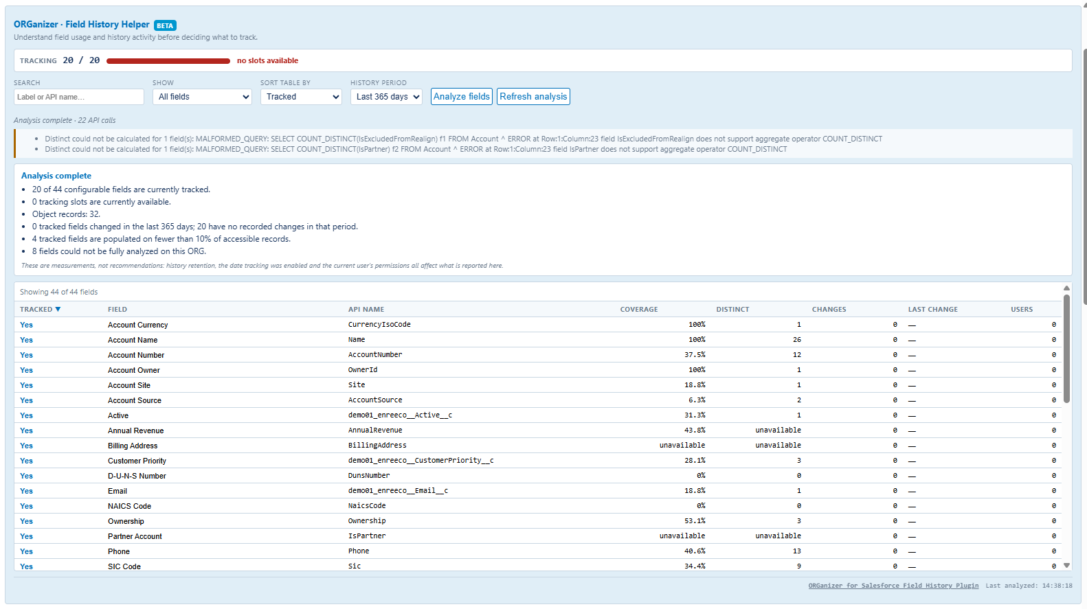 The Field History Helper 2.0 panel on a field history setup page