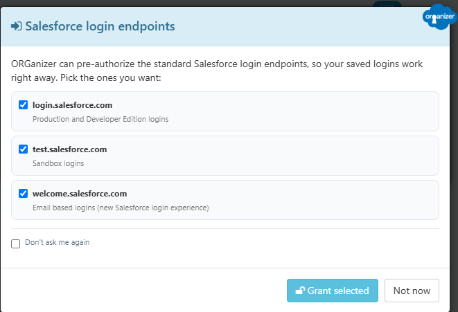 The popup asking to grant access to an ORG's domains, with the browser's own permission prompt behind it