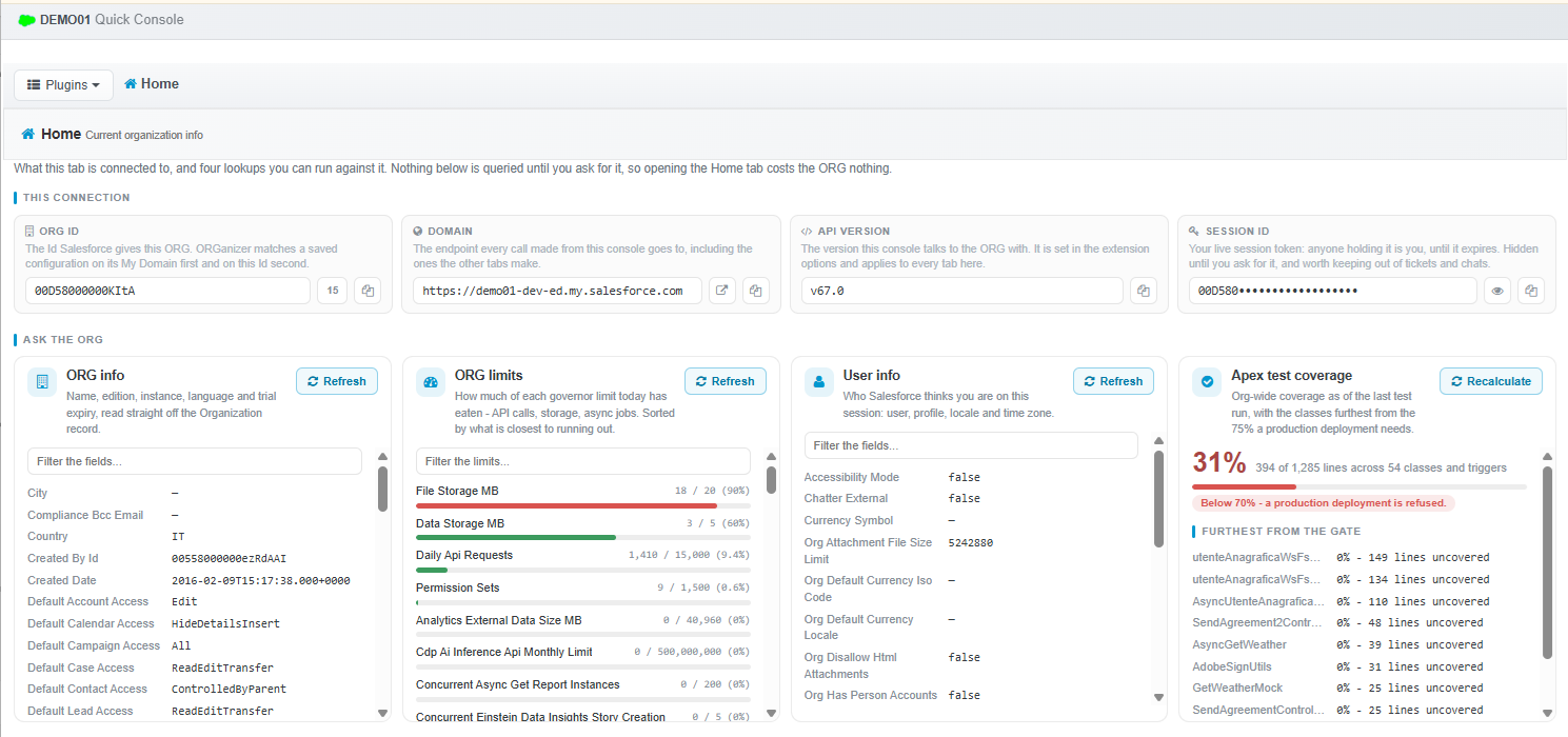 The Home plugin showing ORG and user information