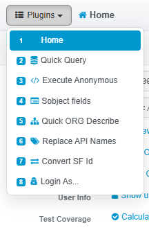 The Quick Console plugins tab with each plugin's index