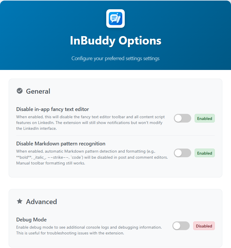 Options page screenshot